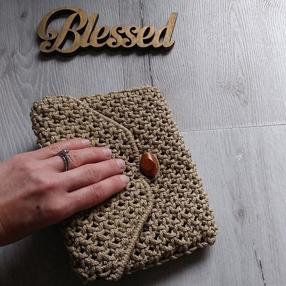 Crochet tan clutch mini bag‎ hand made boho - Picture 2 of 7